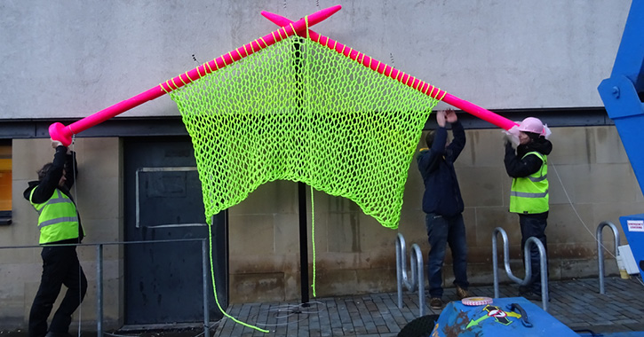 Big Knitting being installed in Lumiere Durham, 2015. Photo by the artist.